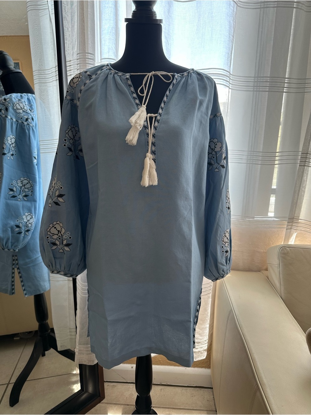 Style Mafia Sky Blue Embroidered Mini Dress Women’s Size M Boho Puff Sleeve Tass - Picture 8 of 15